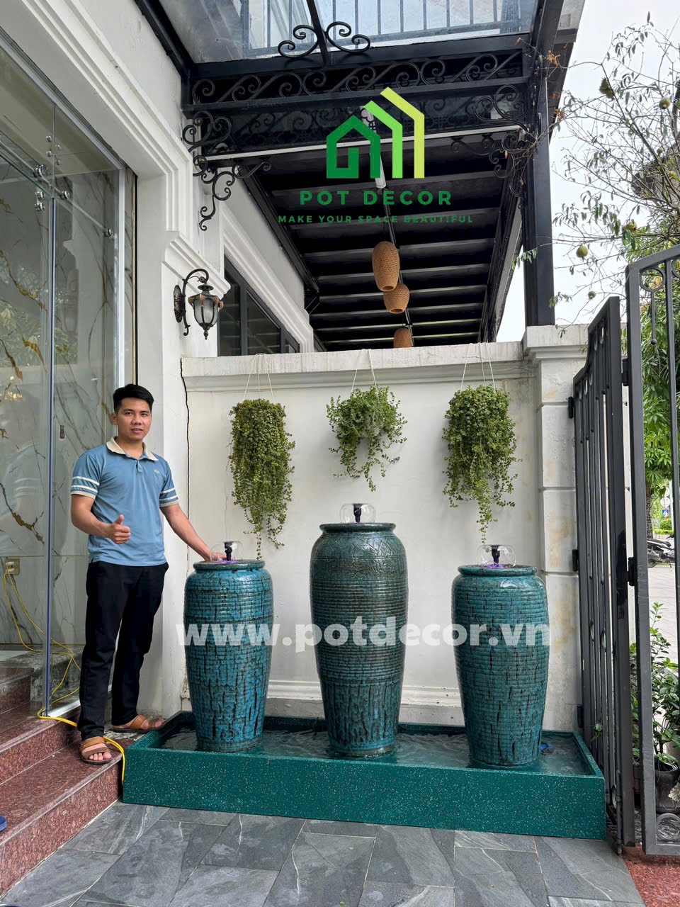 Bộ tam sơn bình gốm xanh 